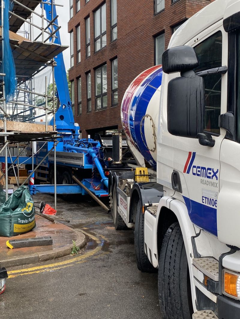 35m boom pump from Cem Pump to pump our self-compacting concrete onto a roof top in Leicester. Material supplied from Cemex. Leicestershire.: Swipe To View More Images
