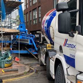 35m boom pump from Cem Pump to pump our self-compacting concrete onto a roof top in Leicester. Material supplied from Cemex. Leicestershire.: Click Here To View Larger Image